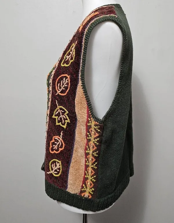Vintage Koret Petites Olive Autumn Floral Embroidered Vneck Vest Size Medium - Image 2