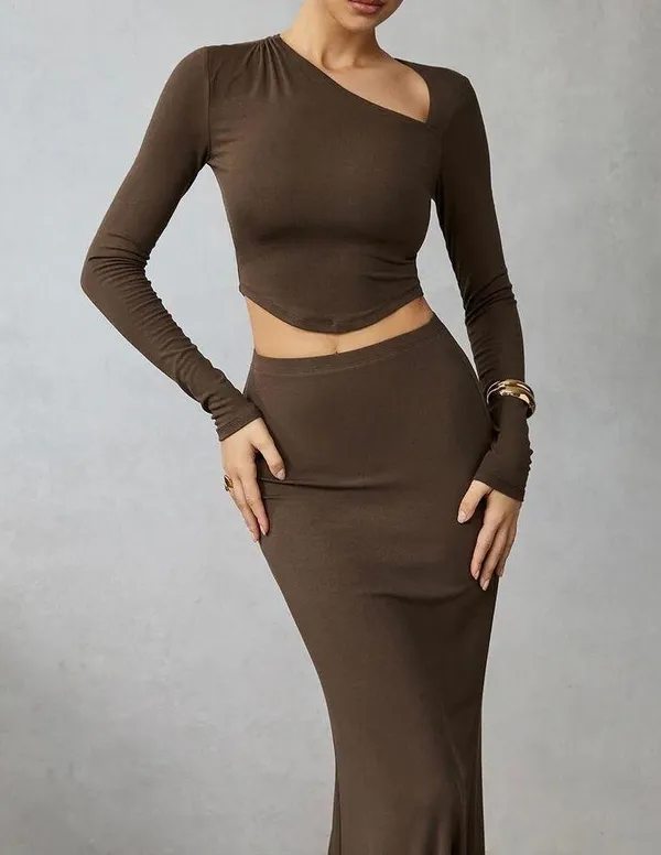 Commense Brown Asymmetrical Cropped Long Sleeve Top & Maxi Skirt Set XS NWT - Image 2