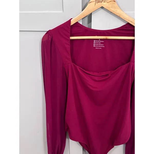 PinkmStyle Wine Red Mesh Long Sleeve Square Neck Bodysuit Size L - Image 3