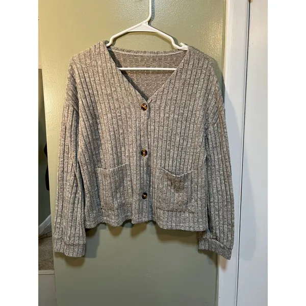 Women's Sz Medium Button Front Cardigan Heather Gray Oatmeal Ribbed Soft Pockets - Image 2