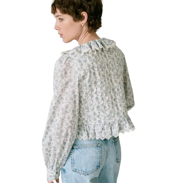 SEZANE Women’s Alexiana Blouse Blue Floral Print Quilted Long Sleeve - Image 3