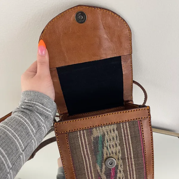 Vintage Southwestern Light Brown Faux Leather Tapestry Panel Crossbody Bag Purse - Image 8