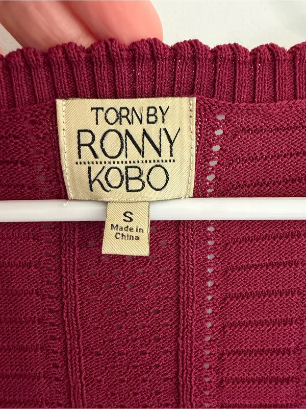 Torn by Ronny Kobo Burgundy Pointelle‎ Knit Peplum Top Small - Image 2