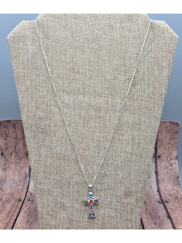 925 Sterling Silver Box Chain Pendant Necklace Dainty 30" Colorful Crystal Cross - Image 6