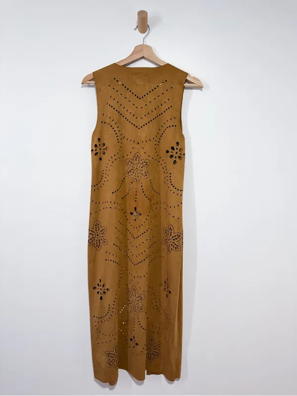 Ariat Magdelena Faux Suede Duster Long Vest Laser Cutout Floral Size Small - Image 9