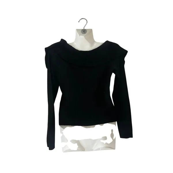 Steve Madden Black Ribbed Long Sleeve Collar Knit Top SZ S Form Fitted Y2K Chic - Image 2