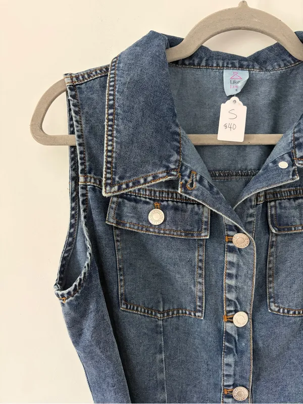Like Love Blue Denim Button Down Tie Waist Sleeveless Cotton Knee Length Dress S - Image 2