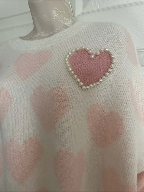 Vince‎ Camuto White & Pink Heart Knit Sweater with Pearl Accent - Image 2