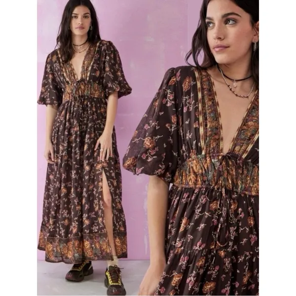 Free People Lysette Maxi Dress Floral Brown Small Bohemian Gypsy Hippie Bells - Image 3