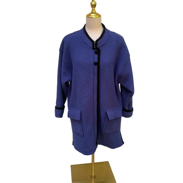 Icelandic Design Coat L Blue Boiled Wool Zip Button Trim Pocket Nordic Winter - Image 2
