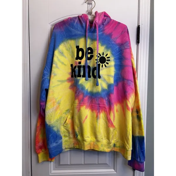 Destinations USA XL Tie Dye Be Kind Hoodie Pink Blue Yellow Graphic Pullover Top - Image 9