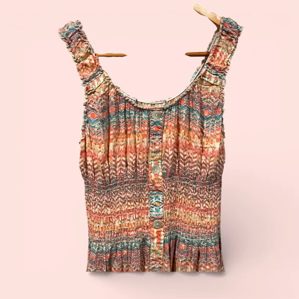 Source Unknown Cute stretchy tiered shell button front maxi dress aztec boho breezy smocked - Image 3