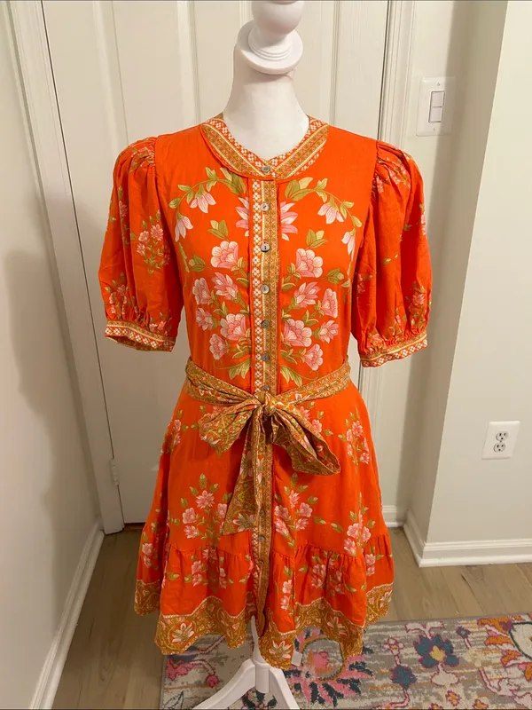 A Loves A Floral Puff-Sleeve Orange Belted Linen Mini Dress New Size Small - Image 7