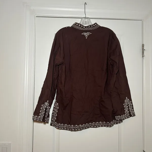 E.col.o.gie Brown Linen Cotton Embroidered Tunic Top Women Large Split Neck L - Image 4