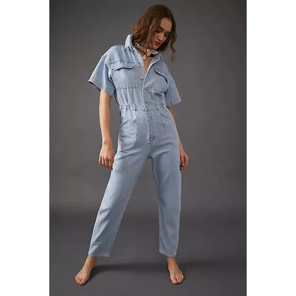 Free People We The Free Marci Coverall Clear Skies Cotton Denim Button Jumpsuit - Image 3