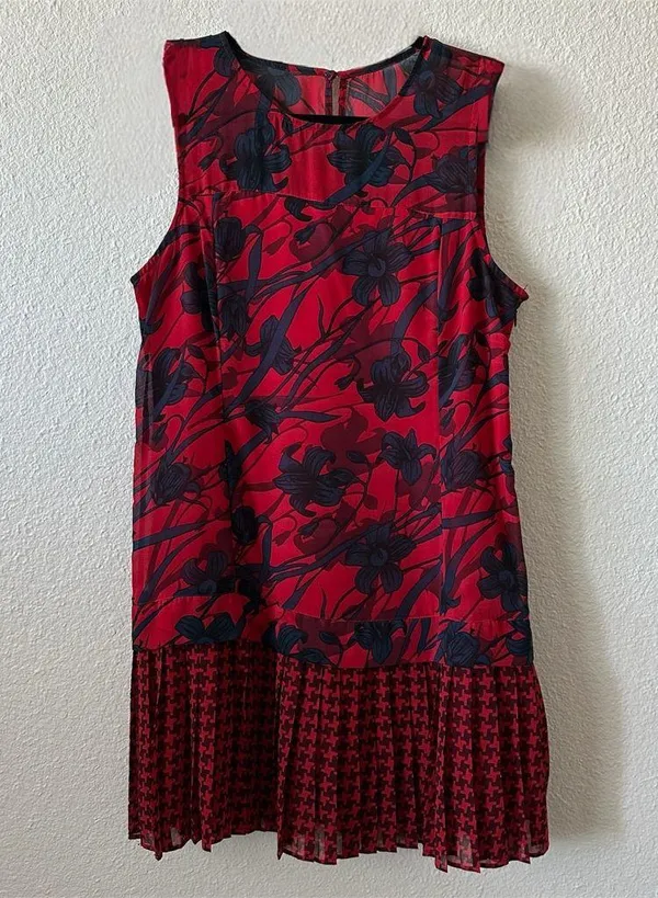 ABERCROMBIE & FITCH Floral Houndstooth Drop Waist Pleated Mini Dress Red Blue 10 - Image 3