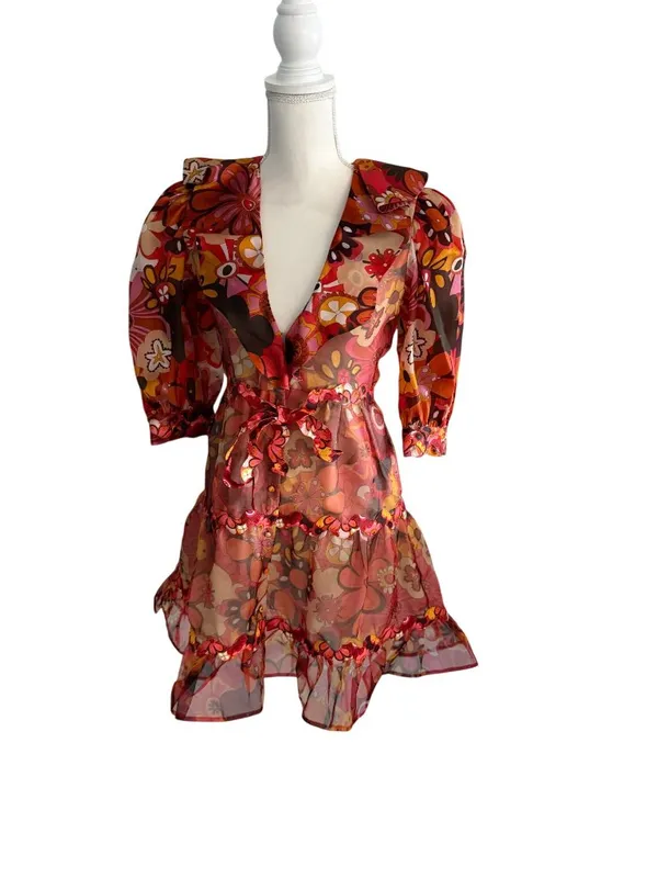 CELIA Floral Multicolor Sheer A Line Dress Size XS - Image 10