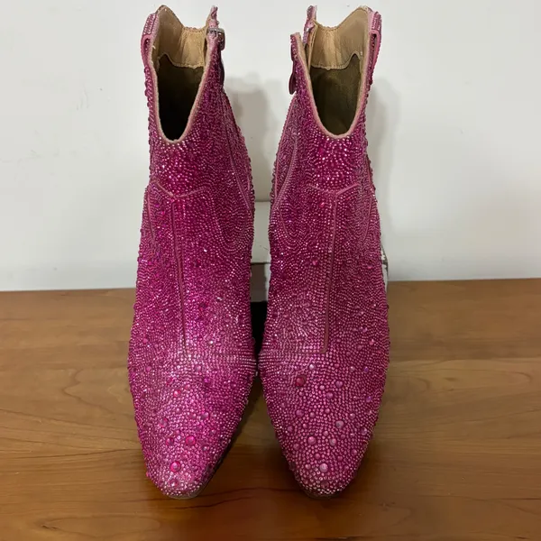 Cozzy Girl Pink Rhinestone Western Ankle Boots Pointed Toe Stacked Heel Size 7.5 - Image 4