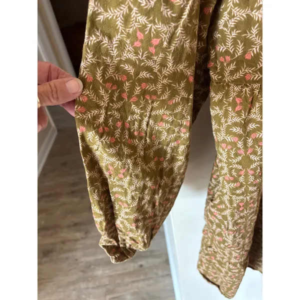 Universal Threads Olive Green Floral Smocked Back Mini Dress Long Sleeve Large - Image 3