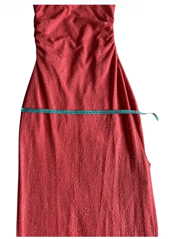 Windsor Light Coral Shimmer One-Shoulder Evening Gown with Side Slit – Size (S) - Image 4