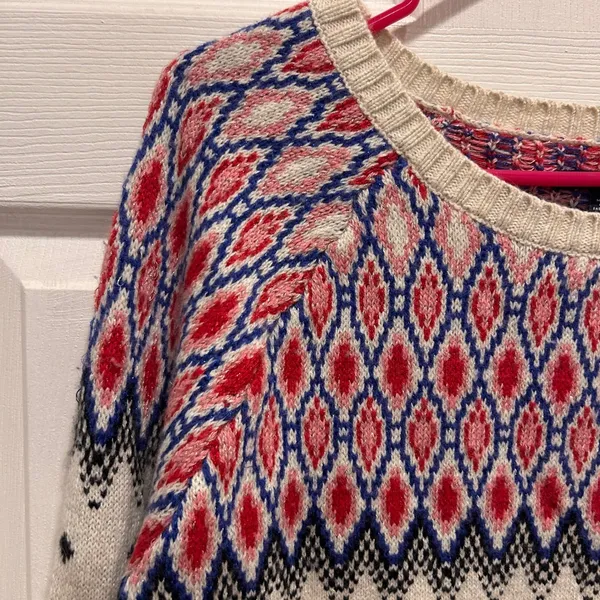 American Eagle Fair Isle Metallic Knit Sweater Womens Large Cream Red Blue L - Image 2