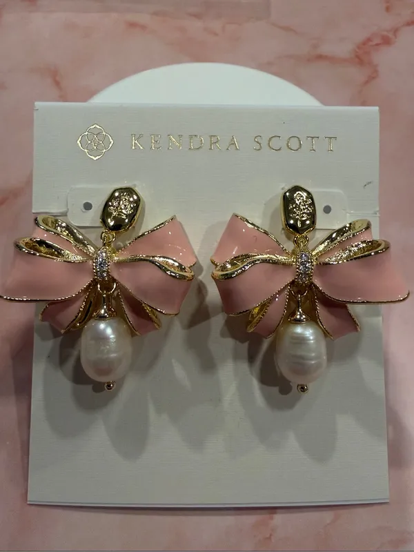 Kendra Scott | Gold Plated & Pink Enamel Bow Earrings with Pearl Drop | Medium - Image 2