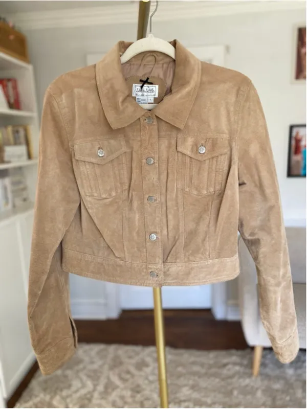 Vintage Live A Little Tan Suede Leather Jacket Cropped Fitted‎ Quiet Luxury Boho - Image 2
