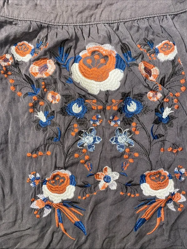 Altar’d State Off Shoulder Peasant Embroidered Floral Blouse Olive Grey - Image 3