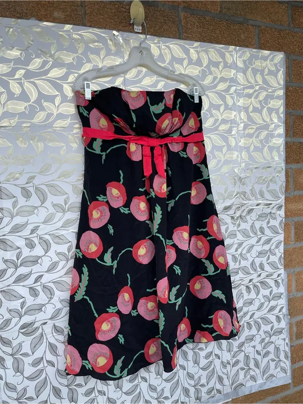 Anna Sui Anthropologie Sz 12 Silk Dress Strapless Black Pink Poppy Floral Lined - Image 2