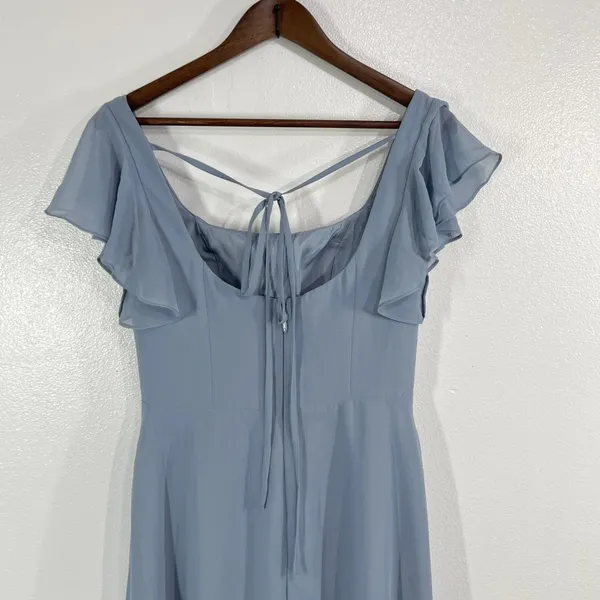 Azazie Womens A6 Dusty Blue Chiffon Flutter Sleeve Floor Length Bridesmaid Dress - Image 6
