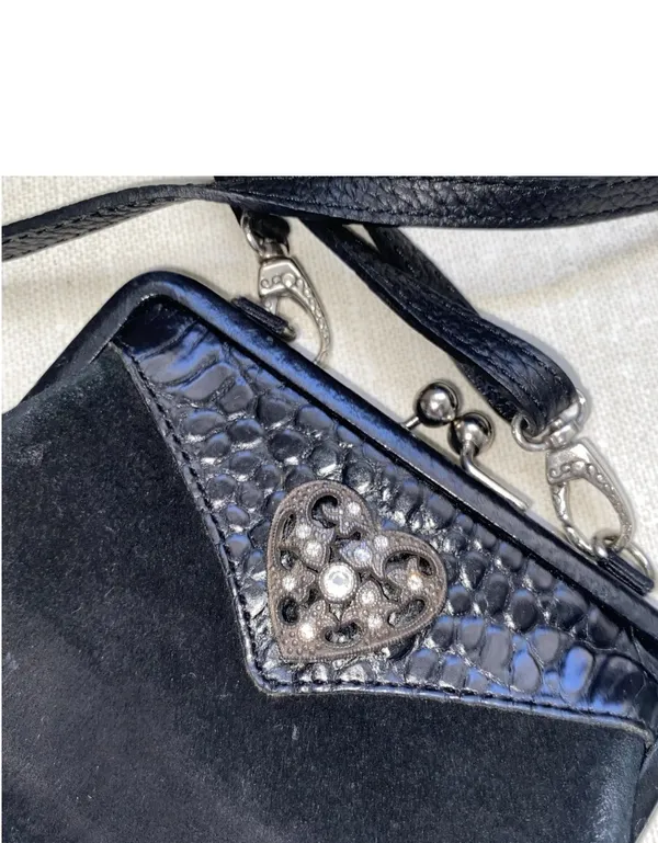 BRIGHTON Mini Purse Bag Rhinestone Heart Black Suede Leather Crossbody - Image 5