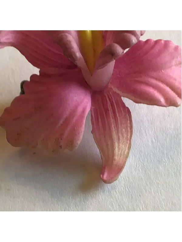 Vintage Pink Orchid Flower Brooch with Yellow Center - Image 3