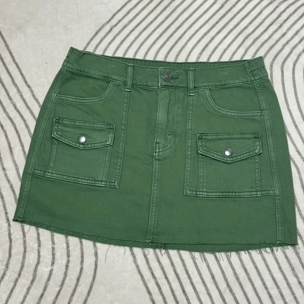 Aerie Green Denim Mini Skirt Cargo Utility Frayed Hem‎ Y2K Style Fairy Grunge - Image 2