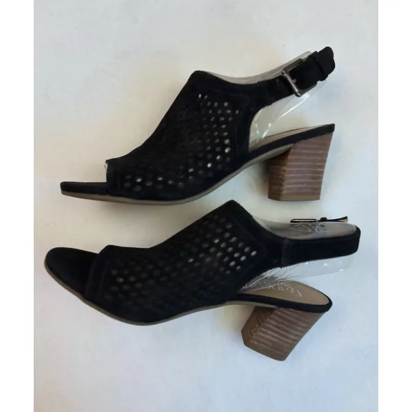 Franco Sarto Mandi Blk Suede Block Heel Shoes Peep Toe Buckle Sz 6.5 Sling Back - Image 3