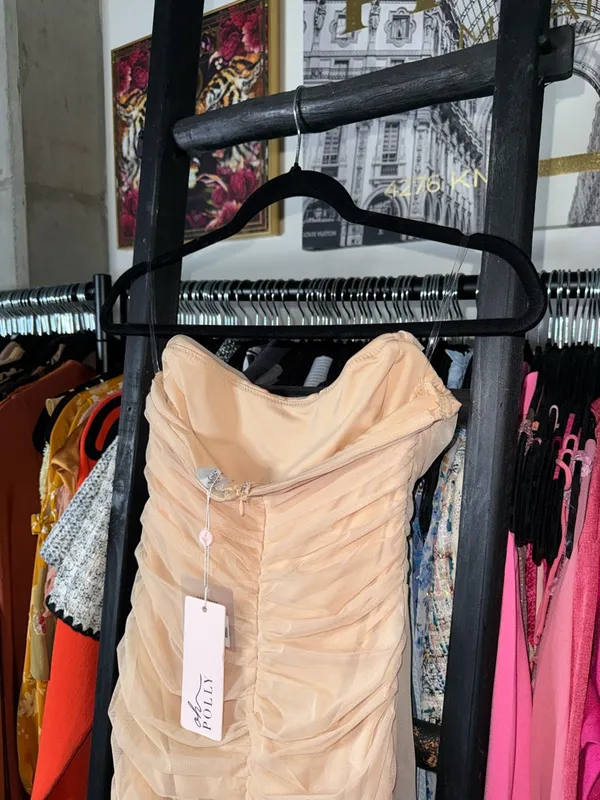 Oh Polly Nude Ruched Mesh Strapless Mini Dress Bodycon UK12 US8 New NWT - Image 6