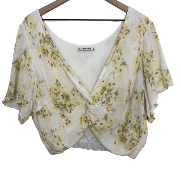 Abercrombie & Fitch White Yellow Floral Front Knot Flutter Sleeve Crop Top XL - Image 2