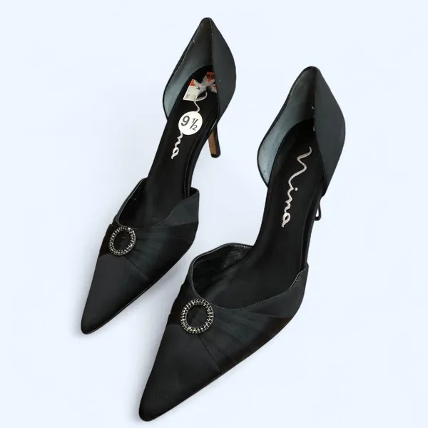 Whimsygoth Black Classy Black Tie Vintage Retro Y2K Pointed Toe Kitten Stiletto Heels Pumps Glam Modern Rhinestone Genuine Leather Office Siren #Gothic #Preppy #Minimalist #Sleek #Party Sz 9.5 - Image 2