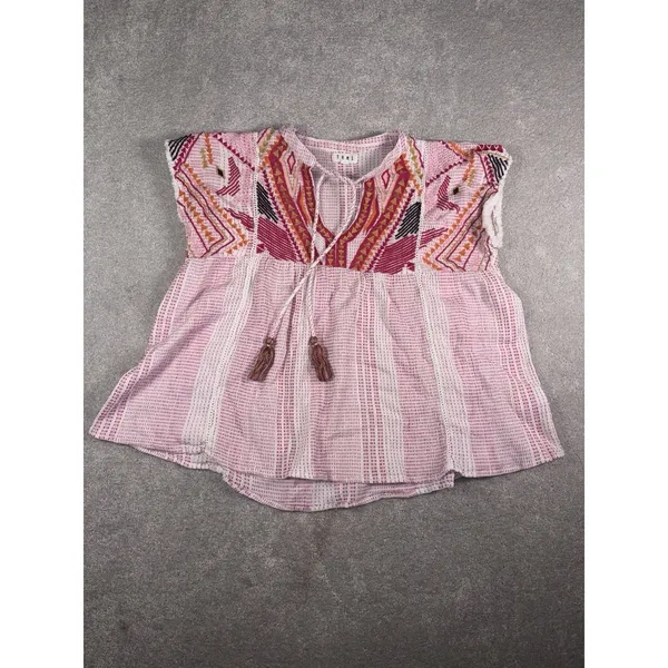 THML Embroidered Tassel Boho Peplum Top Pink Orange Geometric Blouse M - Image 2