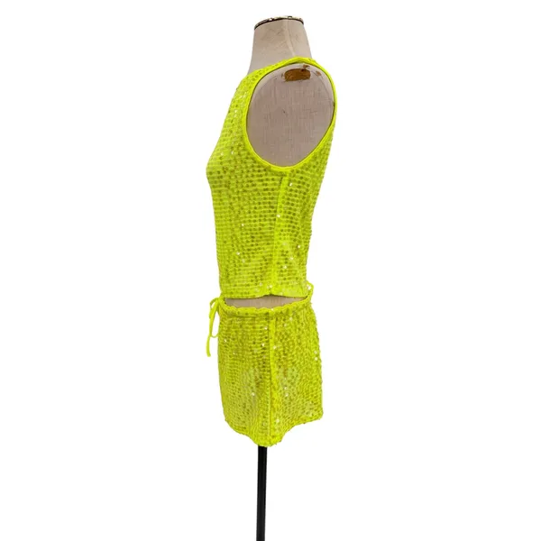 Lovers + Friends Erin Sequin Crop Top Mini Skirt Set Lime Green NWT Size Small - Image 6