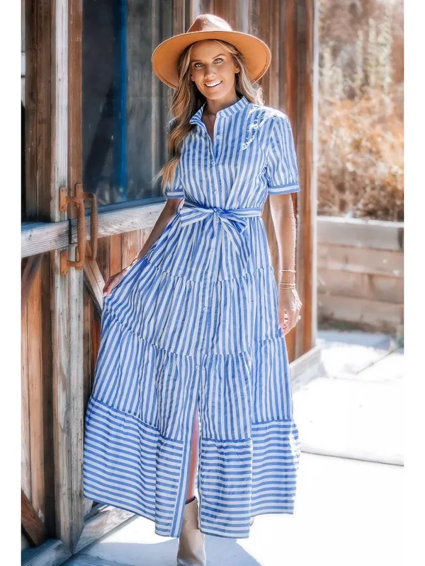 NWT Cupshe Blue Striped Puff Sleeve Front Button Maxi Dress - Size: Small - Image 12