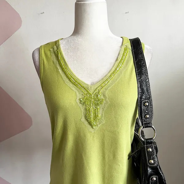 Faded Glory Green Lace Tank Top, Beaded Y2K Fairycore 2000s‎ Coquette Festival Medium - Image 2