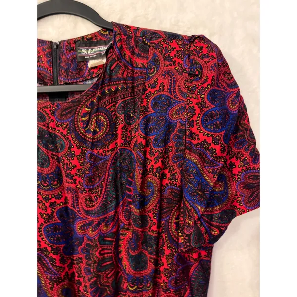 S.L. Fashions Vintage Red Paisley Midi Dress Womens 14T Rayon Pockets USA Made - Image 8