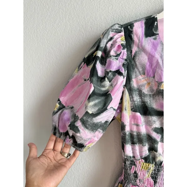 PINCH Watercolor Abstract Floral Midi Dress Smocked Puff Sleeve V-Neck Pink Sz M - Image 3