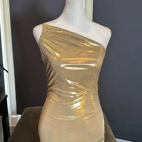 Women’s Gold Bodycon One Shoulder Lightweight Party Cocktail Prom Dress Size S - Image 2