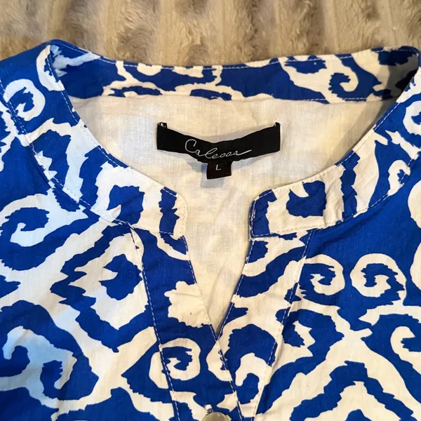 Calessa Blue‎ White Ikat Damask Tiered Cotton Mini Dress L Lined Flare Sleeve - Image 4