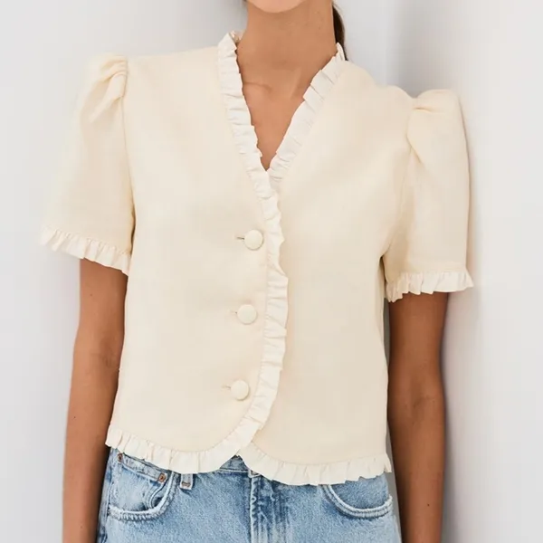 Reformation | Bess 100% Linen Puff Sleeve Ruffle Top in Sugar Cream | Size Med - Image 2
