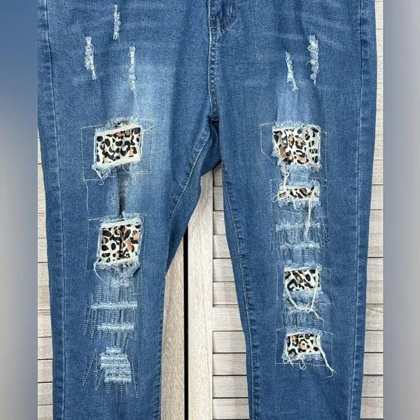 Distressed Jeans with Leopard Lined Rips Stretchy Tapered Leg-1X - Image 2