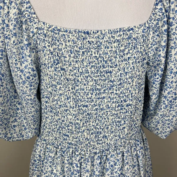 Mikarose Dress Womens Large Blue Floral Puff Sleeve Milkmaid Smocked Pockets‎ L - Image 9