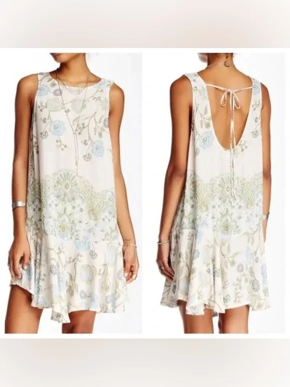 Free People Dobby Dot Slip Dress Floral Tie-Back Swing Blue Accents Medium - Image 2
