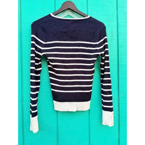 Striped Ribbed Knit Long Sleeve Top Nautical Button‎ Detail Navy White L - Image 5